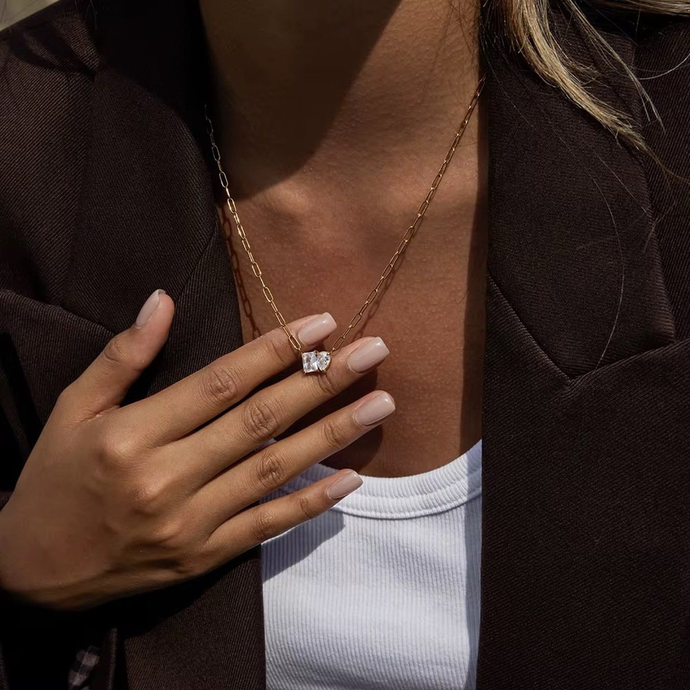 18K Gold Plated Heart and Square Cubic Zirconia Necklace - Picture 2 of 11